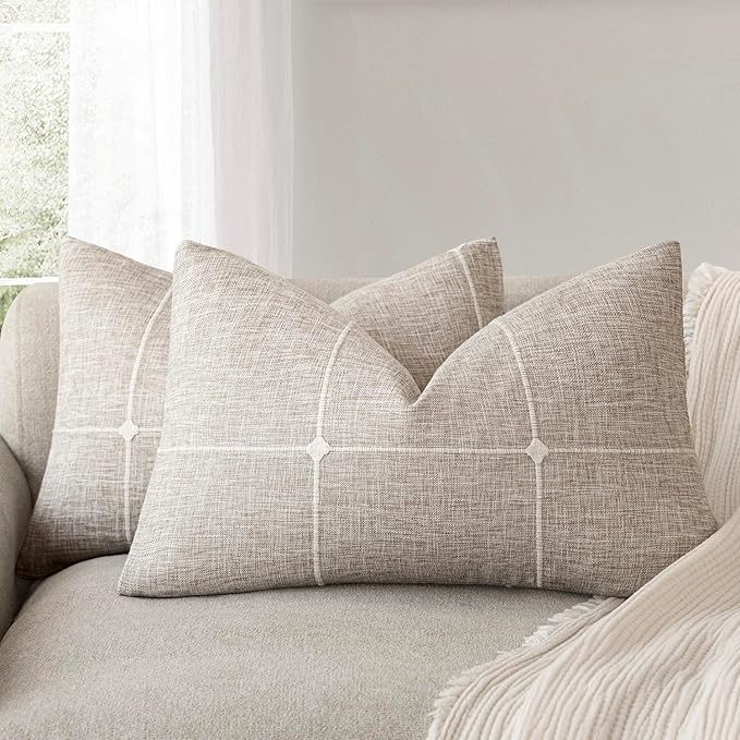 Foindtower Pack of 2 Decorative Faux Linen Jacquard Check Throw Pillow Covers by Foindtower