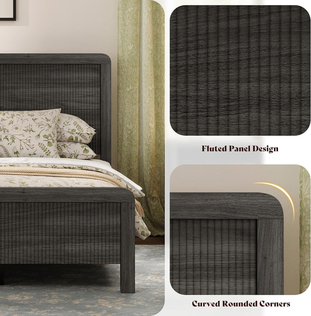 AMERLIFE Wood King Size Bed Frame with Fluted Headboard & Footboard, Black