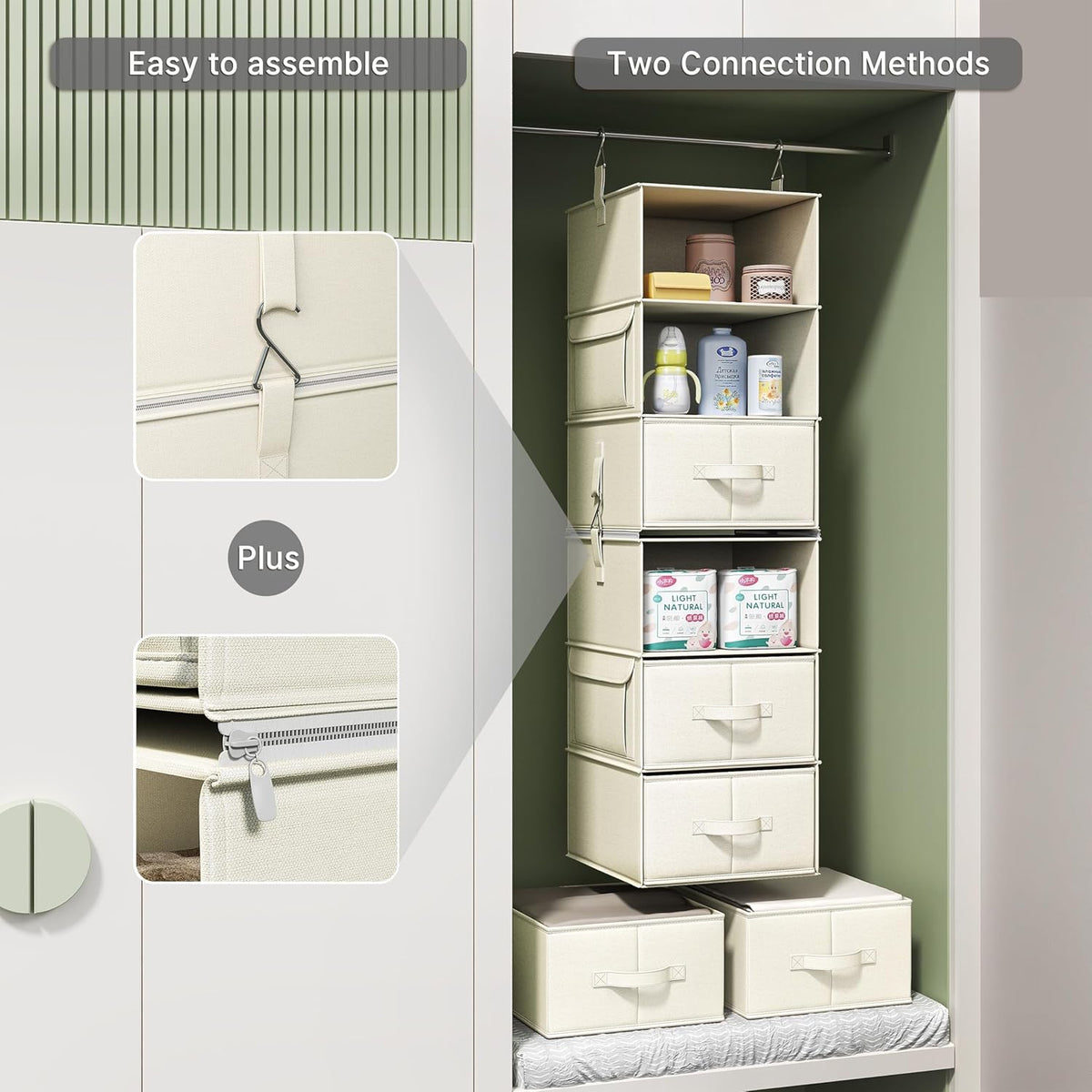 6-shelf hanging closet organizer with 3 drawers, 2-in-1, package contents