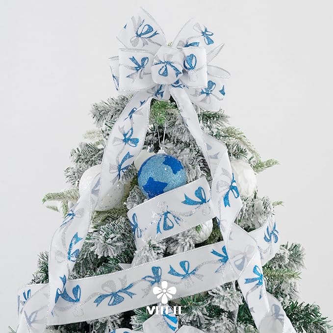MEEDEE Blue and Silver Christmas Ribbon 2.5 Inch White Satin Ribbons - Image 4