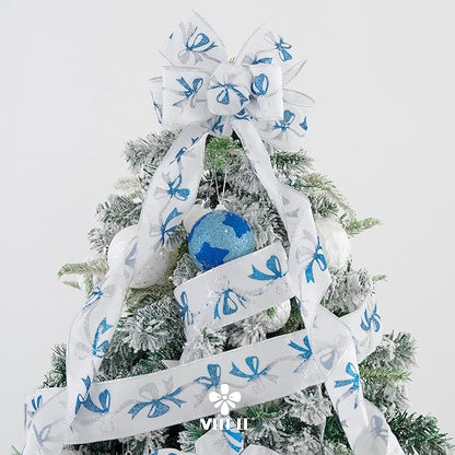 MEEDEE Blue and Silver Christmas Ribbon 2.5 Inch White Satin Ribbons - Image 4