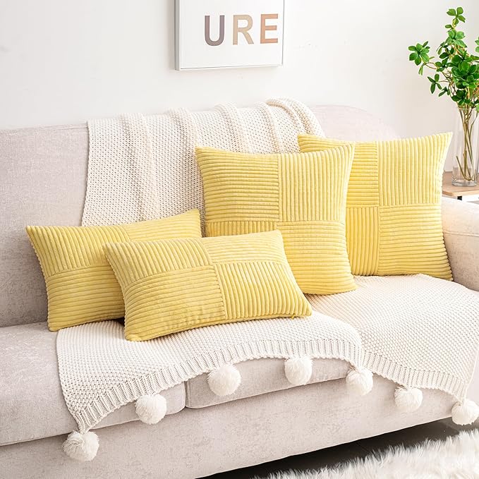HWY 50 Pale Yellow Corduroy Patchwork Throw Pillow Covers 20x20 Inch, Soft Cozy - Image 8