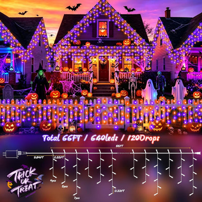 XURISEN 66FT 640 LED Orange Purple Halloween Lights Outdoor Decorations