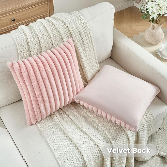 FUTEI Pink Throw Pillow Covers Set of 2, 26x26 Inch Striped Texture Euro Pillow - Image 4
