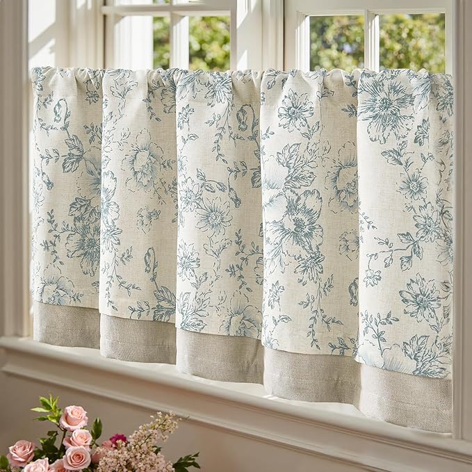 jinchan Linen Kitchen Curtain 24 Inch French Floral Double Layer Curtain - Image 5