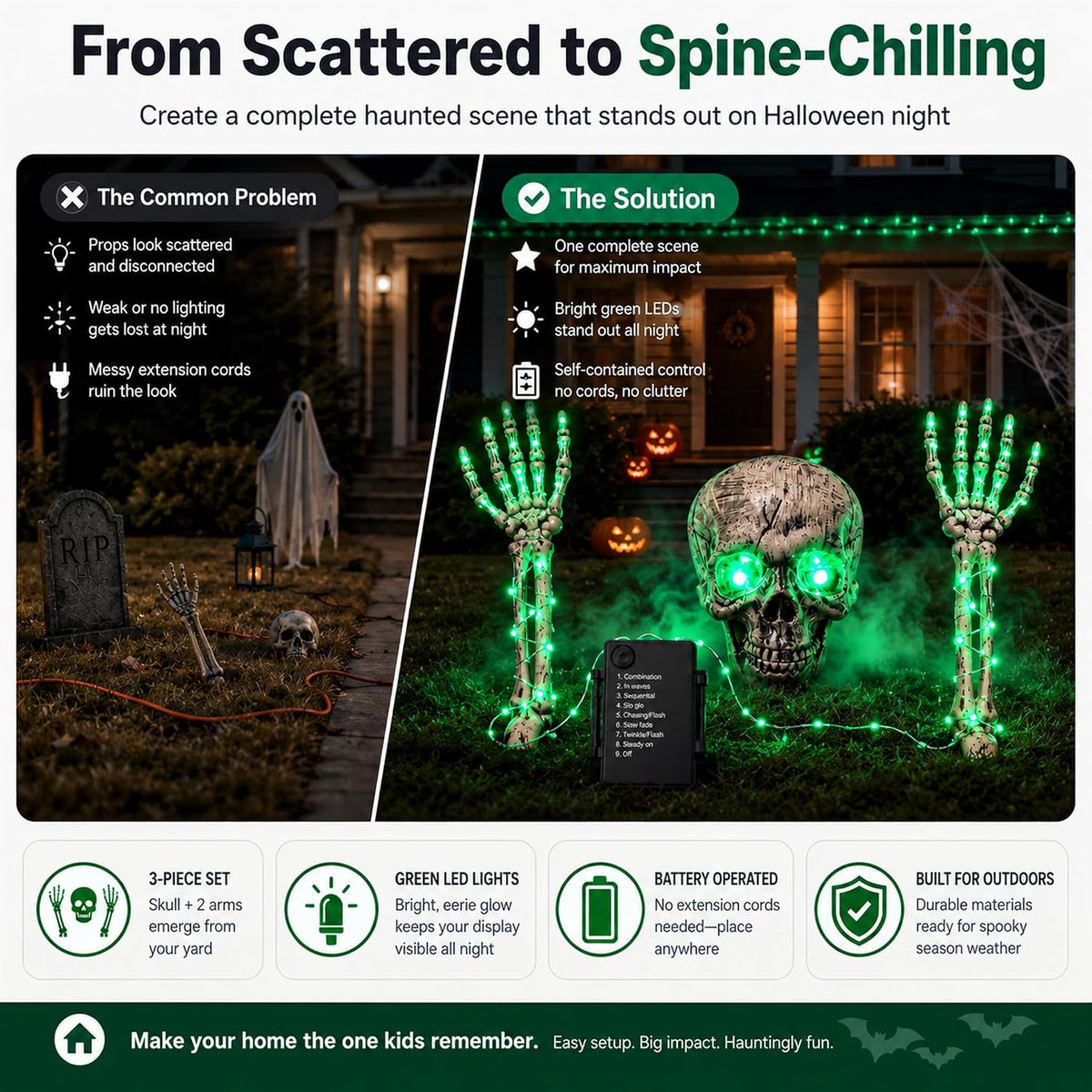 Halloween Skeleton Decorations Outdoor, 3-Piece Green LED Yard Stakes, Skull with Glowing Eyes & 18.7-Inch 8-Mode Lighted Arms, Battery-Powered for Lawn, Garden, Graveyard and Haunted House Scene