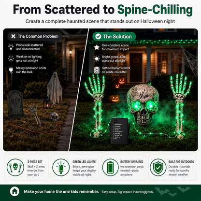Halloween Skeleton Decorations Outdoor, 3-Piece Green LED Yard Stakes, Skull with Glowing Eyes & 18.7-Inch 8-Mode Lighted Arms, Battery-Powered for Lawn, Garden, Graveyard and Haunted House Scene