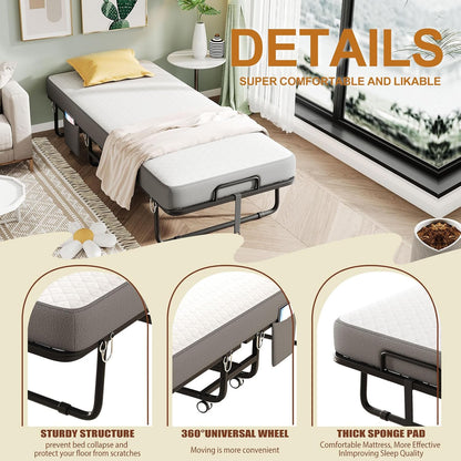 folding bed with mattress for adults, single size showing dimensions
