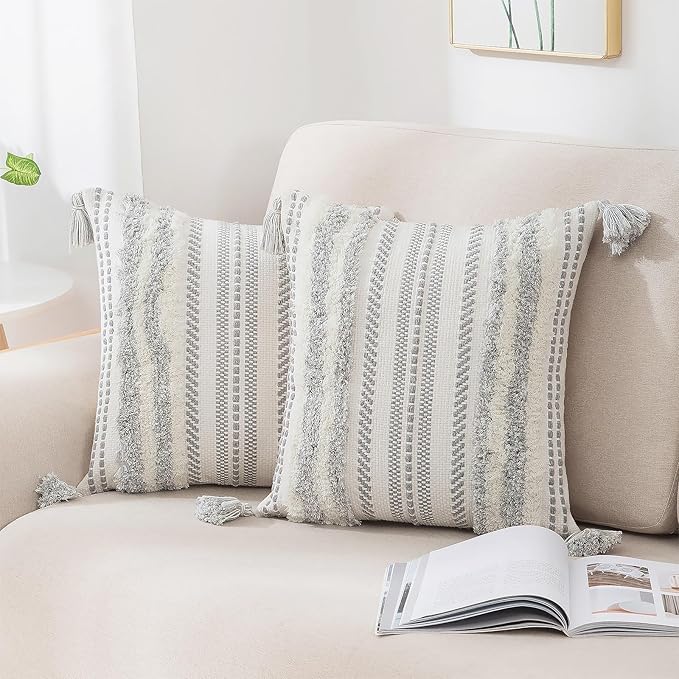 decorUhome Decorative Boho Throw Pillow Covers 18x18 Set of 2, Accent Neutral by decorUhome