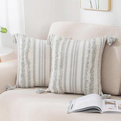 decorUhome Decorative Boho Throw Pillow Covers 18x18 Set of 2, Accent Neutral by decorUhome