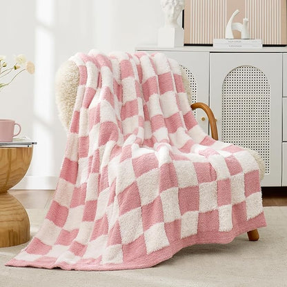 Snuggle Sac Pink Checkered Throw Blanket Faux Fur Microfiber Blankets - Image 3