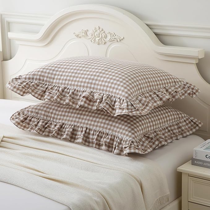 Aryeleay 2 Pack Taupe White Plaid Gingham Ruffle Pillow Shams Standard Size - Image 2