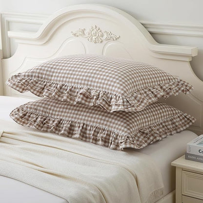 Aryeleay 2 Pack Taupe White Plaid Gingham Ruffle Pillow Shams Standard Size - Image 2