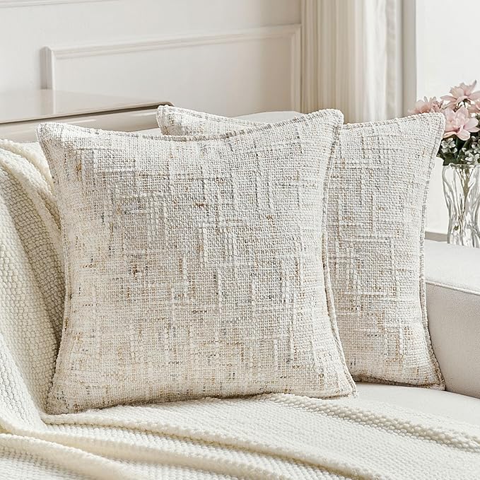 FUTEI Cream Decorative Throw Pillow Covers 18x18 Inch Set of 2, Soft Chenille by FUTEI