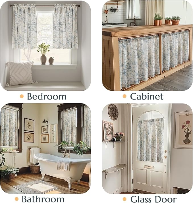jinchan Floral Linen Tier Curtains Blue Flower on Beige Cafe Curtains 36 Inch - Image 3