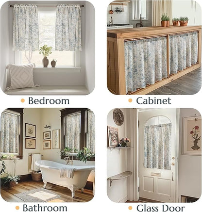 jinchan Floral Linen Tier Curtains Blue Flower on Beige Cafe Curtains 36 Inch - Image 3