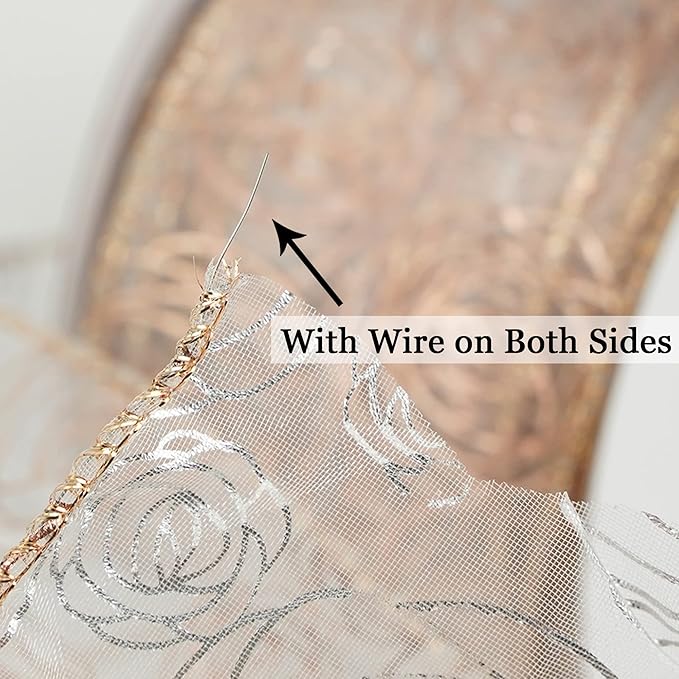 MEEDEE Floral 2.5 Inch Rose Gold Rose Wired Ribbon Wedding Bouquet Ribbons Rose - Image 3