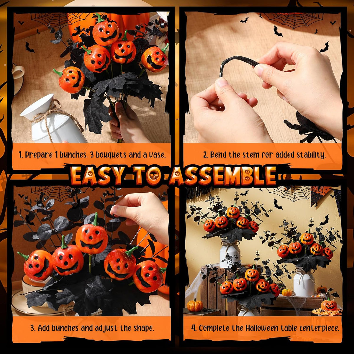 Thiccywoov 4 Sets Halloween Table Centerpiece Decorations Artificial Black Pumpkins Eucalyptus with Metal Vase Faux Pumpkins Plants in Pots for Halloween Trick or Treat Party Home Dining Table Decor
