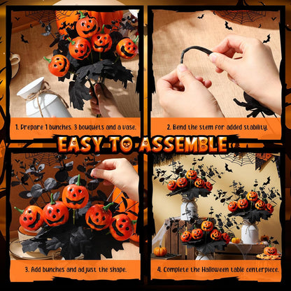 Thiccywoov 4 Sets Halloween Table Centerpiece Decorations Artificial Black Pumpkins Eucalyptus with Metal Vase Faux Pumpkins Plants in Pots for Halloween Trick or Treat Party Home Dining Table Decor