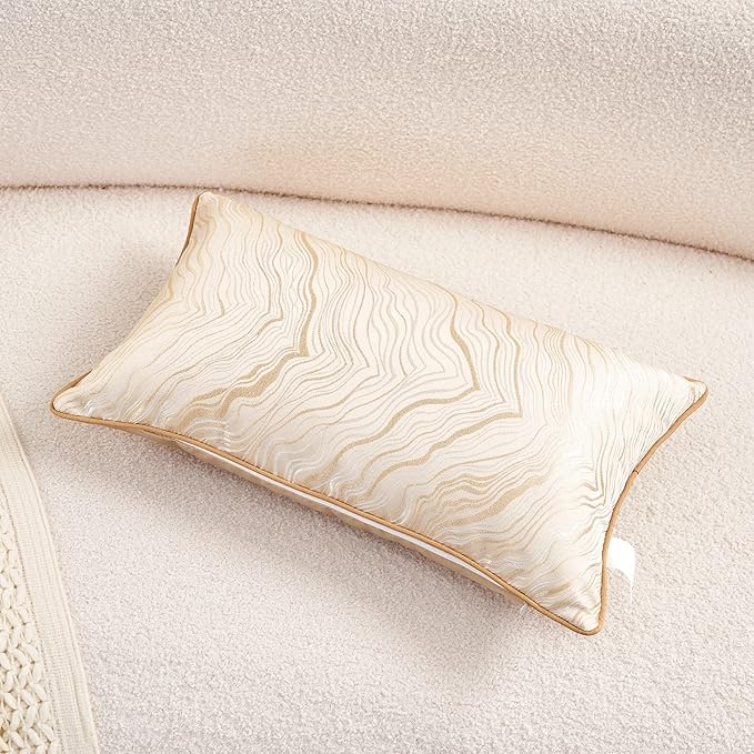 Avigers 12 x 20 Inch Rectangle Beige Gold Abstract Striped Embroidery Cushion - Image 3