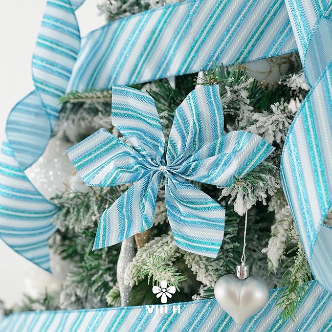 MEEDEE Blue Diagonal Stripe Ribbon 2.5 Inch Blue Satin - Image 4