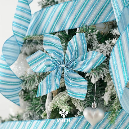 MEEDEE Blue Diagonal Stripe Ribbon 2.5 Inch Blue Satin - Image 4