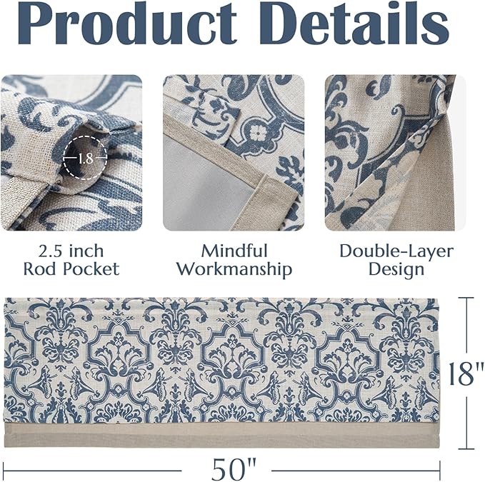 jinchan Linen Valance Curtain for Kitchen Vintage Damask Floral Blackout - Image 6