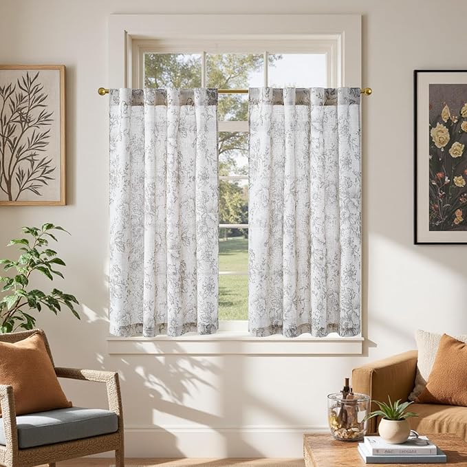 jinchan Linen Floral Tier Curtains 45 Inch Farmhouse Botanic Grey Cafe Curtains by JINCHAN