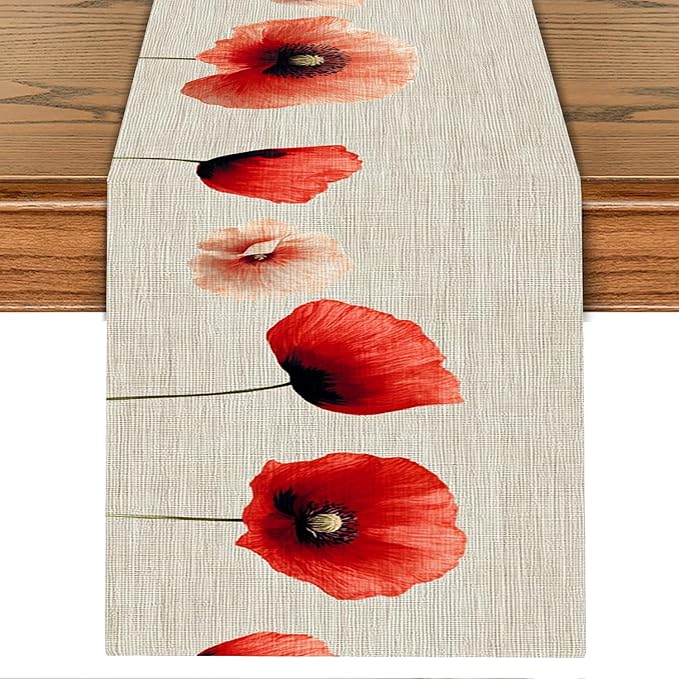 Floral Poppy Table Runner – Elegant Red Poppy-Inspired Dining Table Decor by THISFIND