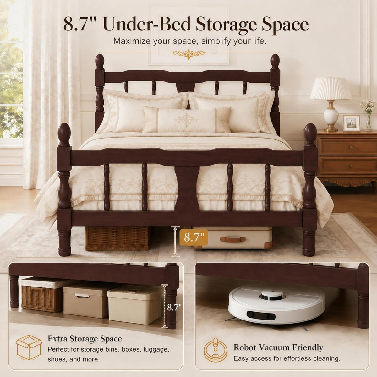 bellemave twin vintage wood spindle post bed,wooden platform, front angle view