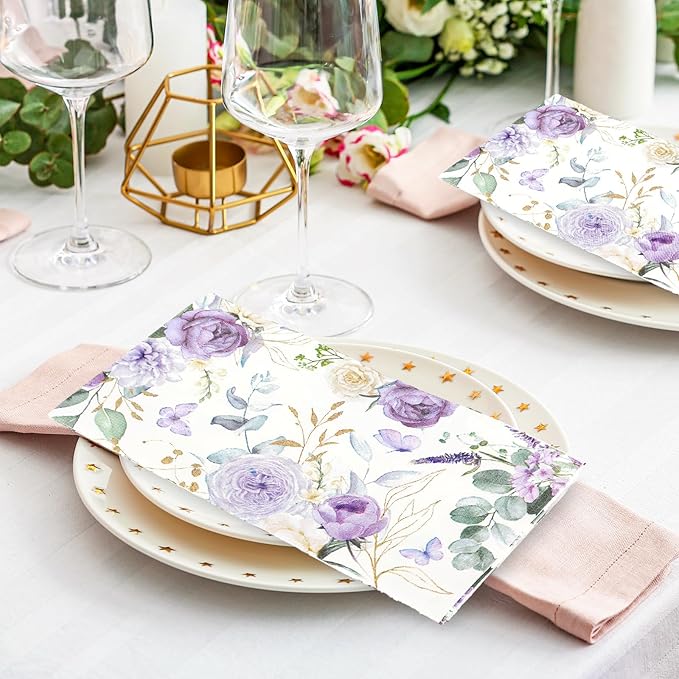 100Pcs Floral Guest Napkins Watercolor Purple Flower Butterfly Disposable - Image 5