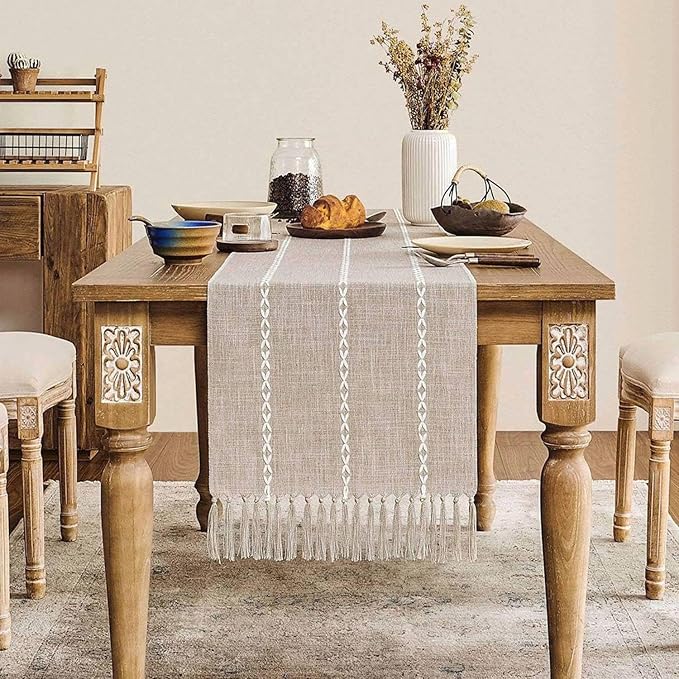 ZeeMart Farmhouse Braided Striped Table Runner, Rustic Beige Table Runners 90 by ZEEMARTONLINE