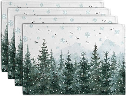 Winter Pine Tree Snowflake Placemats Set of 4 Christmas Snow Green Forest Place by Wnoesat