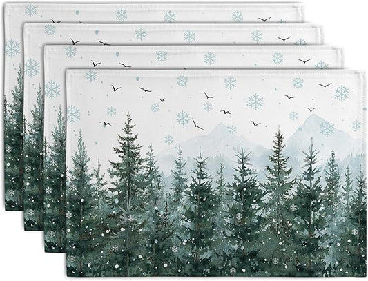 Winter Pine Tree Snowflake Placemats Set of 4 Christmas Snow Green Forest Place by Wnoesat