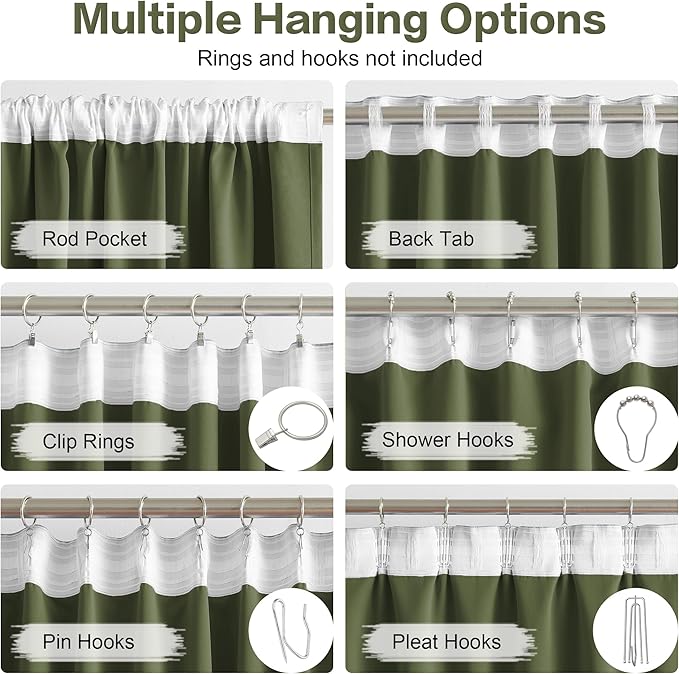 DUALIFE Olive Green Curtains 102 Inches Long 2 Panels Set, Room Darkening - Image 3
