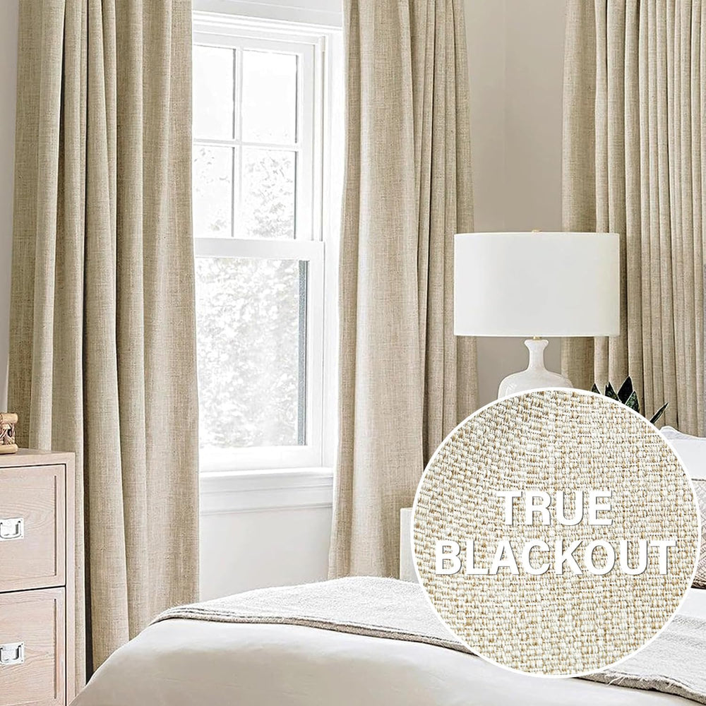 True Blackout Natural Linen Curtains for Bedroom Living Room 40x95" 2 Beige