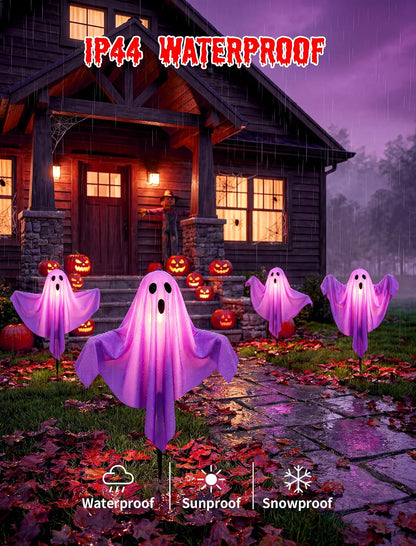 11.5FT Halloween Ghost Pathway Lights Outdoor, 4 Pack Purple Ghost Decor