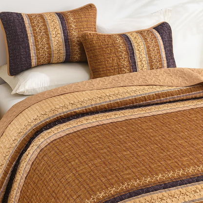 cottolester fall quilt set queen,burnt orange striped patchwork, side view