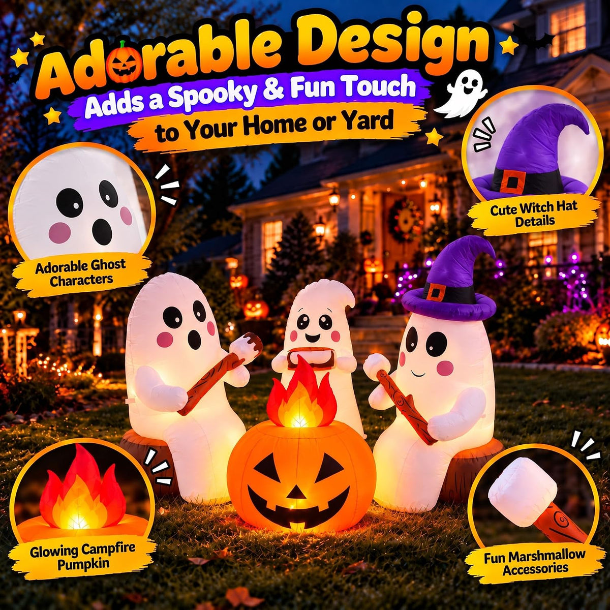 ZPISF 7.5 FT Halloween Inflatables 3 Cute Ghosts Roasting Marshmallows by Campfire, Built-in LED Lights Outdoor Yard Garden Patio Holiday Party Decorations