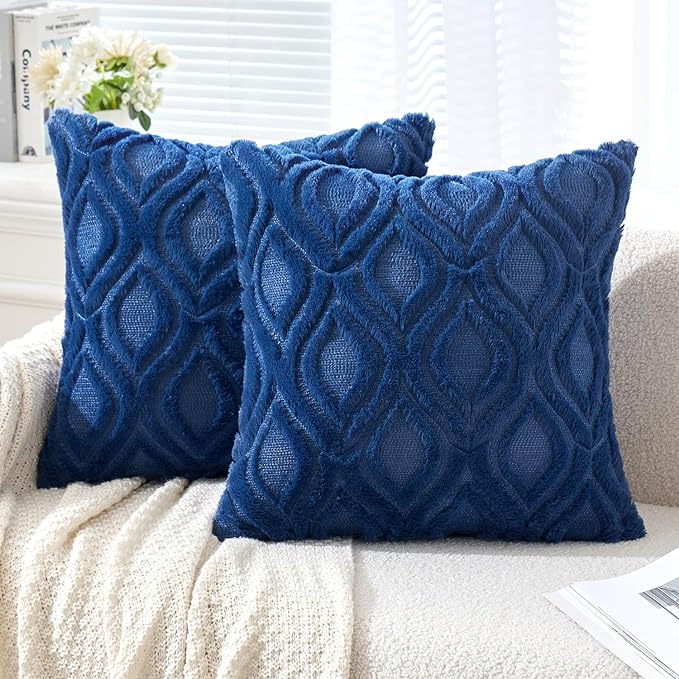MIULEE Dark Blue Throw Pillow Covers 16x16 Inch, Soft Winter Plush Faux Wool by MIULEE