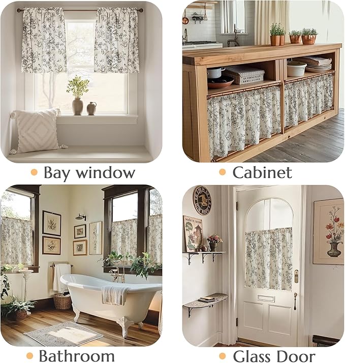 jinchan Floral Linen Tier Curtains 24 Inch Farmhouse Botanic Cafe Drapes - Image 4