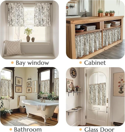 jinchan Floral Linen Tier Curtains 24 Inch Farmhouse Botanic Cafe Drapes - Image 4