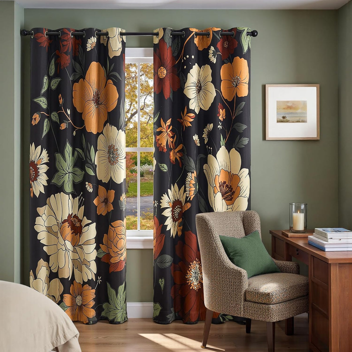 jinchan black boho floral blackout curtains 84 inch shown in use