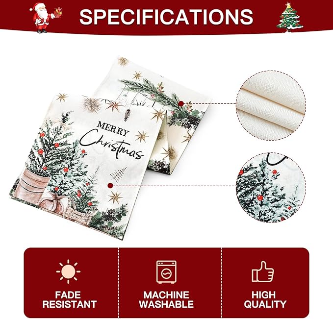 OTOSTAR Xmas Trees Holly Pine Cone Merry Christmas Table Runner, Xmas Seasonal - Image 4