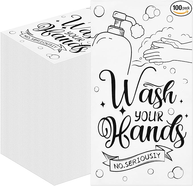 100 Pack Wash Your Hands Paper Napkins – 13 x 16 Inches Unfolded, 3-Ply by Wobeny