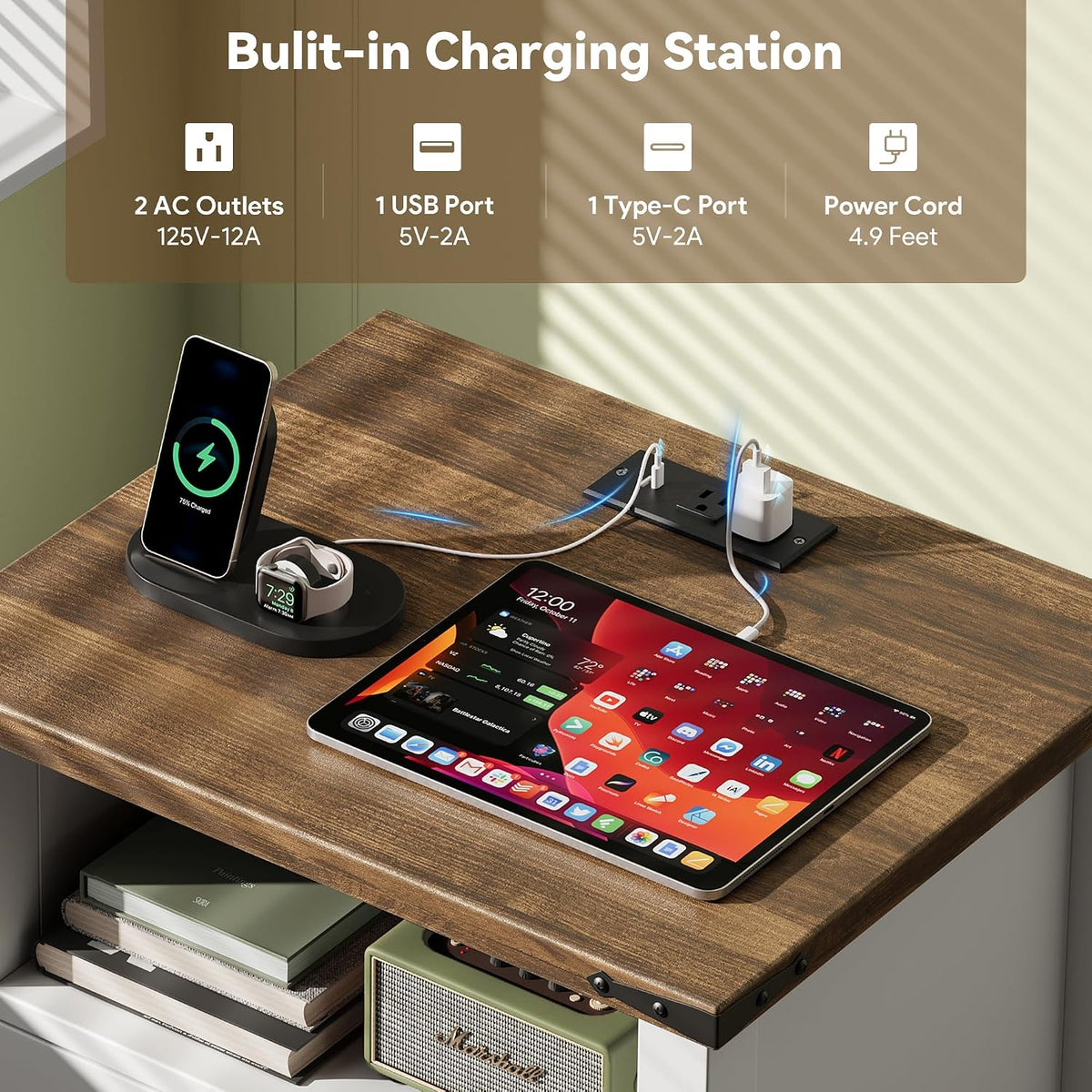 decofy farmhouse nightstand with charging station, 2 drawers, side view
