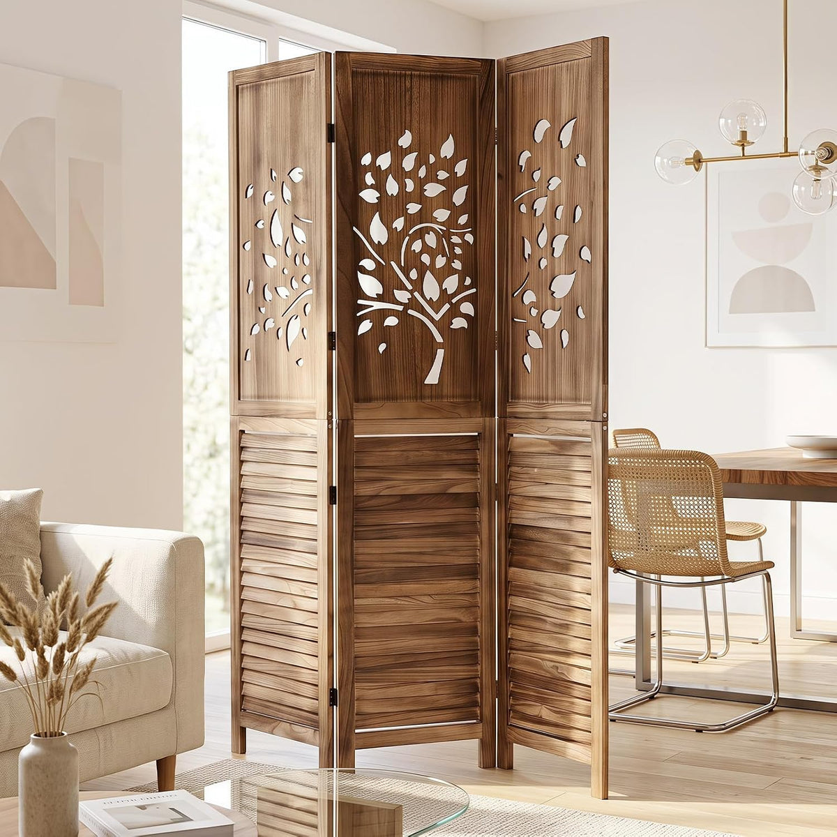 giantex 3 panel folding room divider with tree, view 9