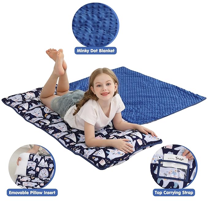 Viviland Toddler Kid Nap Mat for Preschool, Girls Deep Blue Bear Slumber Bag - Image 3