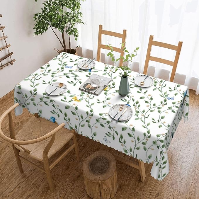 Blue Birds Tablecloth Watercolor Floral Butterfly Sage Green Leaves Branches - Image 5