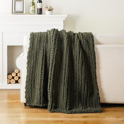 Battilo Olive Green Chunky Knit Throw Blanket, Soft and Thick Green Chenille - Image 7